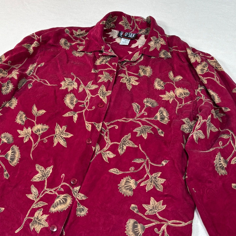 Quo-Silk Womens Burgundy Red Jacquard Floral 100% Silk Button Down Blouse Small